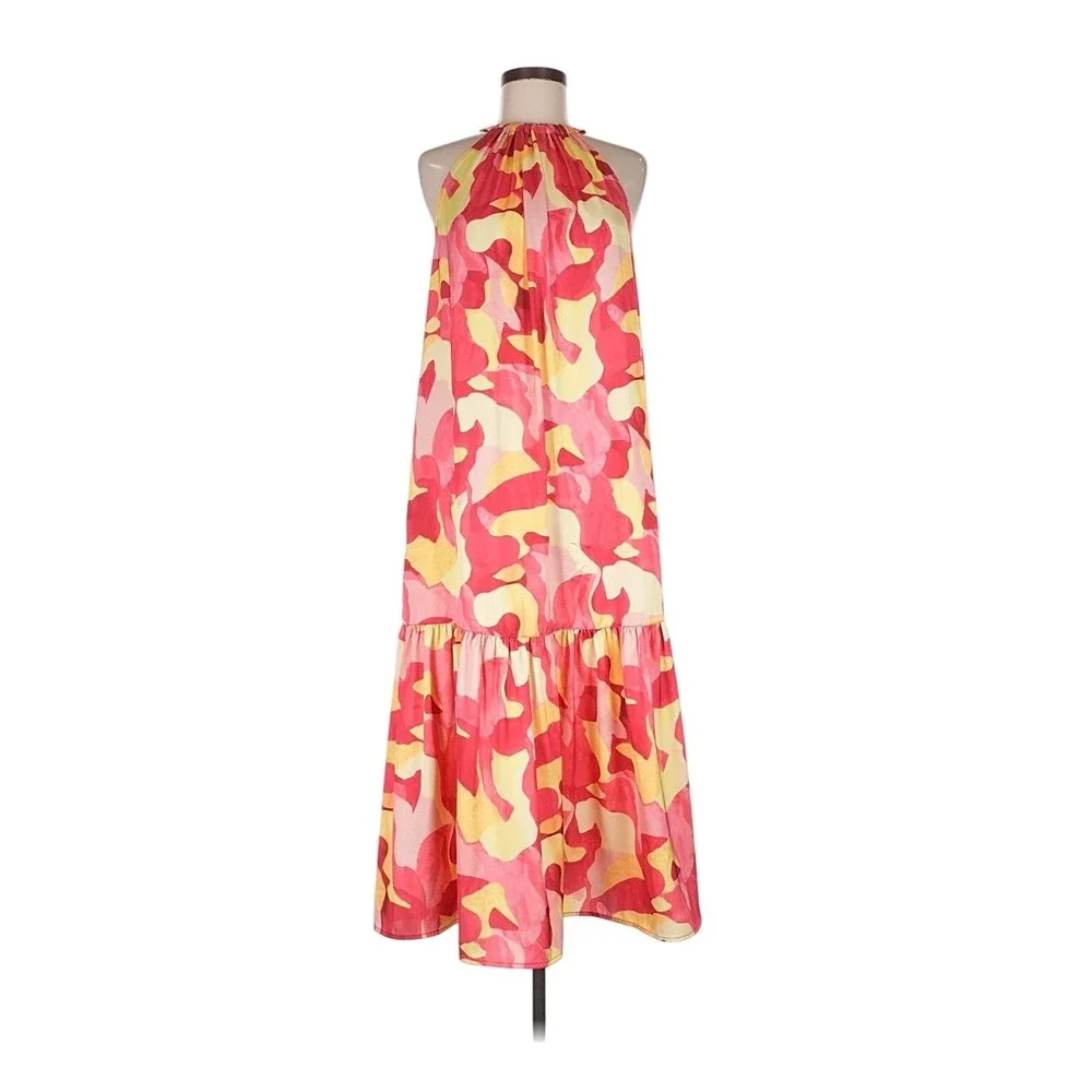 MING WANG Maxi Dress Size M Pink Yellow Camo Halter Sleeveless‎ Vacation